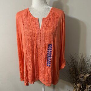 NWT RXB Women Knit Top Floral Lace Panel Front Salmon Long Roll Tab Sleeve XXL